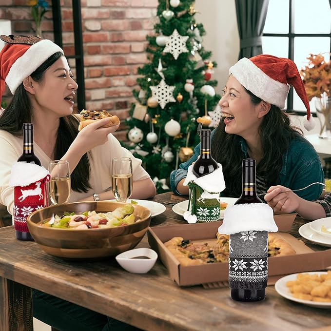 Whaline Christmas Wine Bottle Covers Knit Bottle Sweater with Faux Fur Collar Bow Pompom Red Green Gray Reindeer Snowflake Patterned Bottle Dress Christmas Winter Holiday Party Decor Supplies, 3Pcs