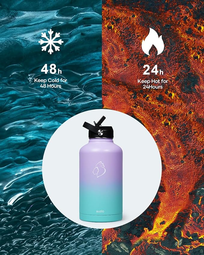 BUZIO 64oz Insulated Water Bottle Stainless Steel Double Wall Leak Proof Half Gallon with Straw Lid and Flex Cap (Cold for 48 Hrs) Sports Flask Metal Travel Mug for Hiking, Camping, Purple Green