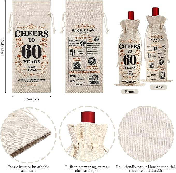 SpringWhisper 60th Birthday Gifts for Women Men Back in 1964 Birthday Gift 60 Years Old Gift Birthday Decoration Wine Bag Gift for Her Him Wine Gift Bag 60th Turning 60