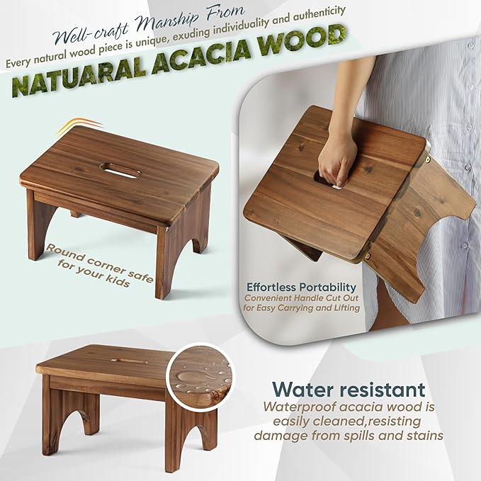 Wooden Step Stool, 9in One Step Stool for Adults, Wooden Beside Step Stool with 550 Load Capacity, Heavy Duty/Portable/Nonslip/Durable Construction Safe Step Stool for Bedroom/Home Kitchen