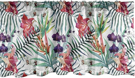 Ambesonne Watercolor Flower Window Valance, Tropical Wild Orchid Flowers with Palm Leaves Print Exotic Style Nature, Curtain Valance for Kitchen Bedroom Decor with Rod Pocket, 54" X 18", Green Red