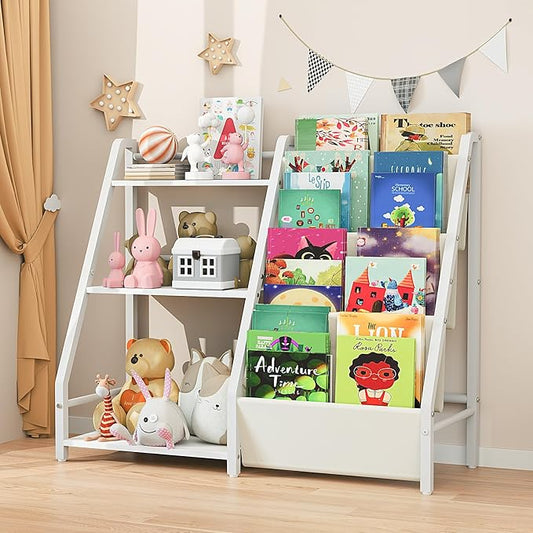 Kids Bookshelf and Toy Organizer, Book Shelf for Kids Rooms,2 in 1 Nursery Book Shelves, Toddler Bookshelf Montessori Bookshelf and Kids Book Shelf (White)