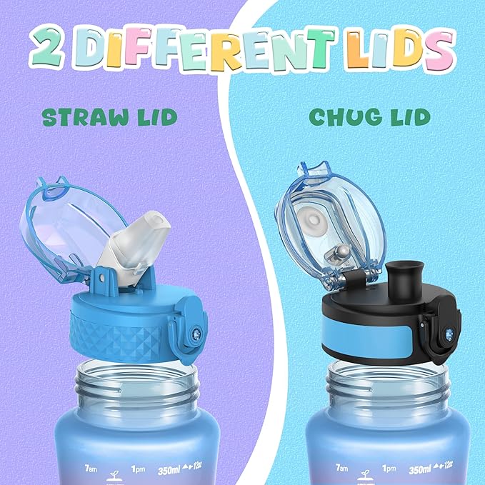 OLDLEY Kids Water Bottle for School, 12 oz (2 lids) BPA-Free Reusable Leak-proof Durable Tritan Plastic Water Bottles with Straw & Chug Lids, Anti-dust Spout Cover (Lake)