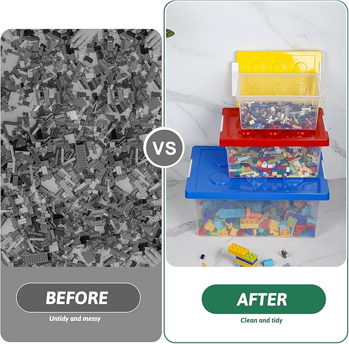 loobuu Plastic Storage Bins with Lids - Stackable Toy Storage Organizer Box Set of 3, Kids Toy Chests Container with Compatible Building Baseplate and Lid for Building Bricks - Yellow+Red+Blue