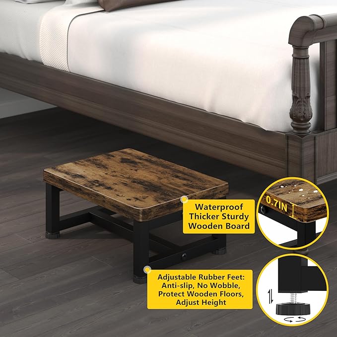 Step Stools for Adults Kids, Sturdy Wooden Stepping Stools with 450LB Capacity, Anti-Slip Bed Steps Stool for High Beds, Foot Stool One Step Stool for Kitchen Bathroom Bedroom, Rustic Brown