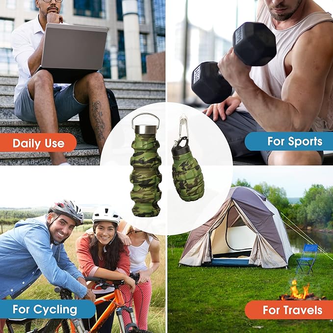 Collapsible Water Bottle 19.6oz/580ml (Woodland Camo) - 2 Lids, Carabiner, Gift Box - Leak Proof Silicone Gym Water Bottles Army - Military Veterans Day Gifts for Him - Hiking & Camping Accessories