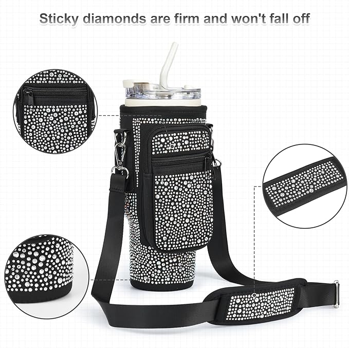 Bling Diamond Water Bottle Carrier Bag with Phone Pocket for Stanley 40/30 oz Tumbler with Card Holder,Neoprene Water Bottle Holder Pouch with Adjustable Strap for Stanley Cup Accessories