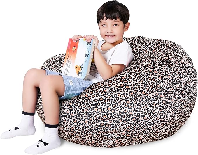 Lukeight Stuffed Animal Storage Bean Bag Chair Cover for Kids, Zipper Beanbag Chair Cover for Organizing Toddler and Kids' Rooms Plush Toys (Leopard Velvet, XX-Large)