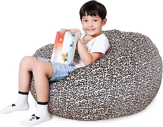 Lukeight Stuffed Animal Storage Bean Bag Chair Cover for Kids, Zipper Beanbag Chair Cover for Organizing Toddler and Kids' Rooms Plush Toys (Leopard Velvet, X-Large)