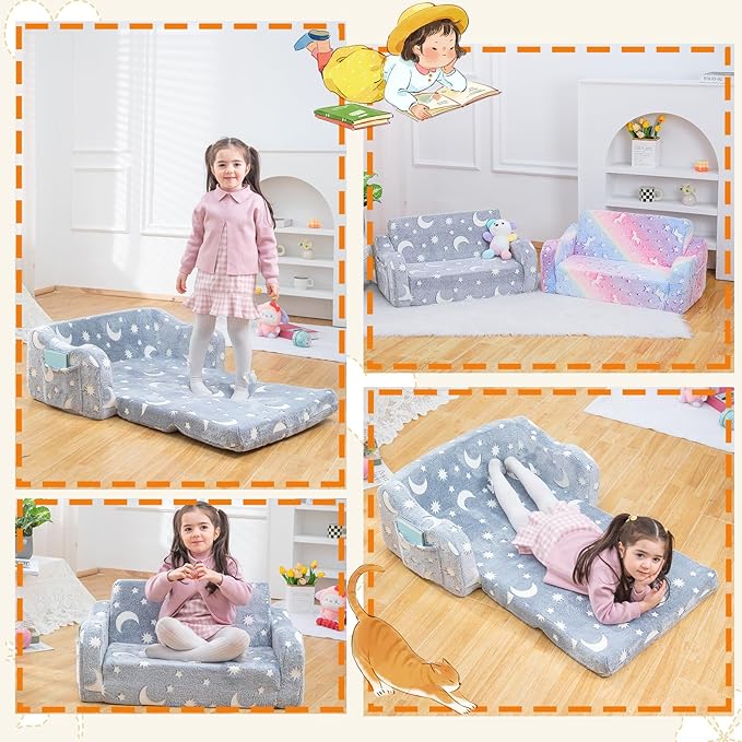 Baby Toddler Sofa Couch for Kids Extra Wide 2-in-1 Foldable Toddler Fold Out Couch Bed for Playroom, Pull Out Children Convertible Sofa to Lounger for Boys & Girls with Double Pockets, Grey Moon