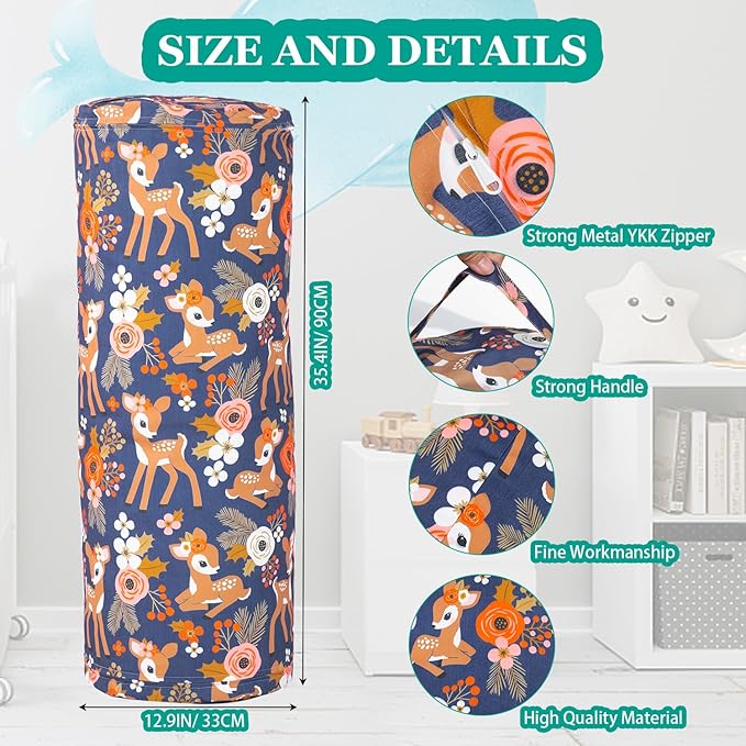 Stuffed Animal Bean Bag Storage Chair for Kids Cover Only (No Filler), Organize, Sit, Play & Boxing, 100% Cotton Canvas Washable, Ultra Soft Cylinder Long Vertical Zipper Best Gift for Child