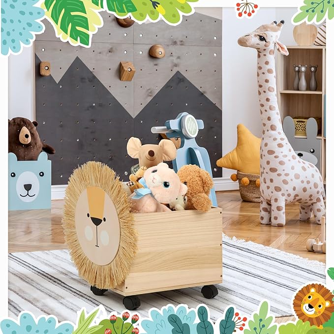 Kids Toy Box Storage Wooden Toy Chest Toy Organizers for Boys Girls Toy Box with Wheels 16x 10 x 10 Inch Lion Toy Storage Organizer Nursery Decor for Bedroom Living Room Easy Assembly