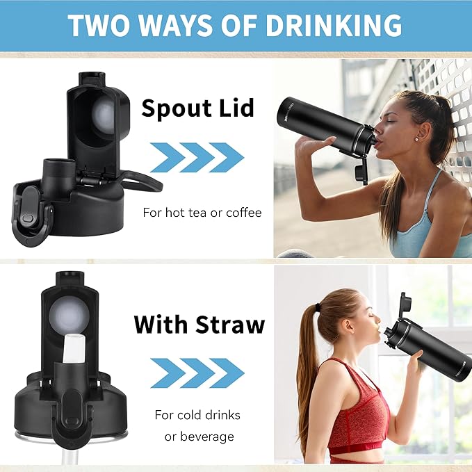 Insulated water bottle with Straw,24oz Stainless Steel Water Bottle for Adult Kids,Double Wall Vacuum Wide Mouth Insulated Water Bottle for Sports,BPA-free and Leak-proof（24oz,Black）