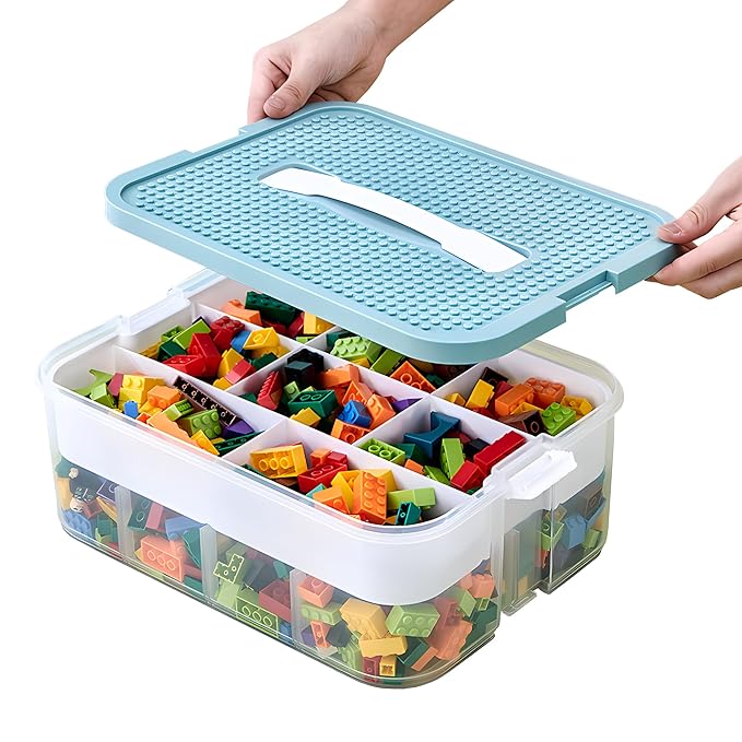 Plastic Storage Organizer for Lego, Stackable Toy Containers with Lids and Handle, Clear Toy Storage Box Chest with Removable Tray for Kids Nursery, Closet, Playroom- Toy Blocks Not Included (1 Tier)