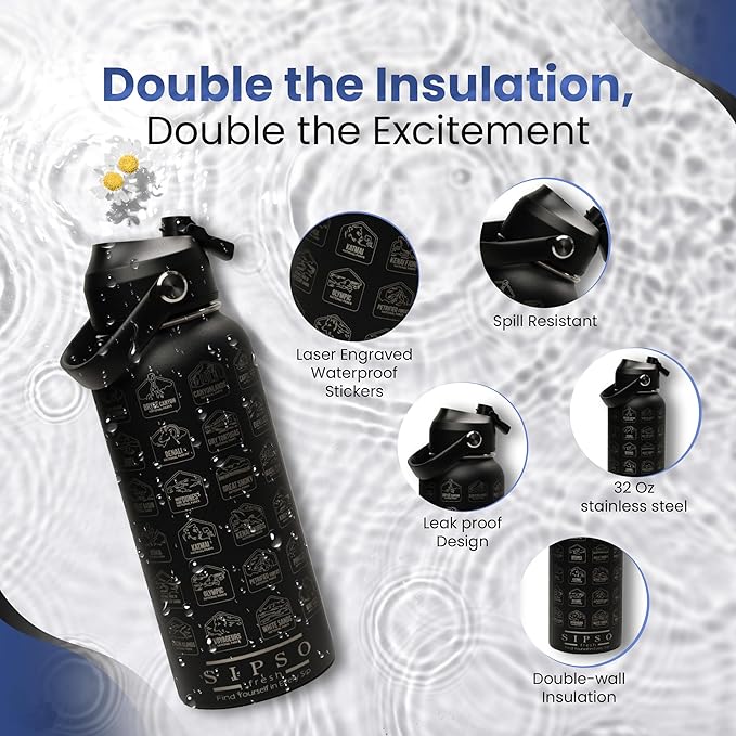 National Parks water bottle with Stickers: Unique 32 oz bottle | Double wall Stainless Steel water bottle | Leak Proof- laser Engraved water Bottle with National Park stickers (Black)