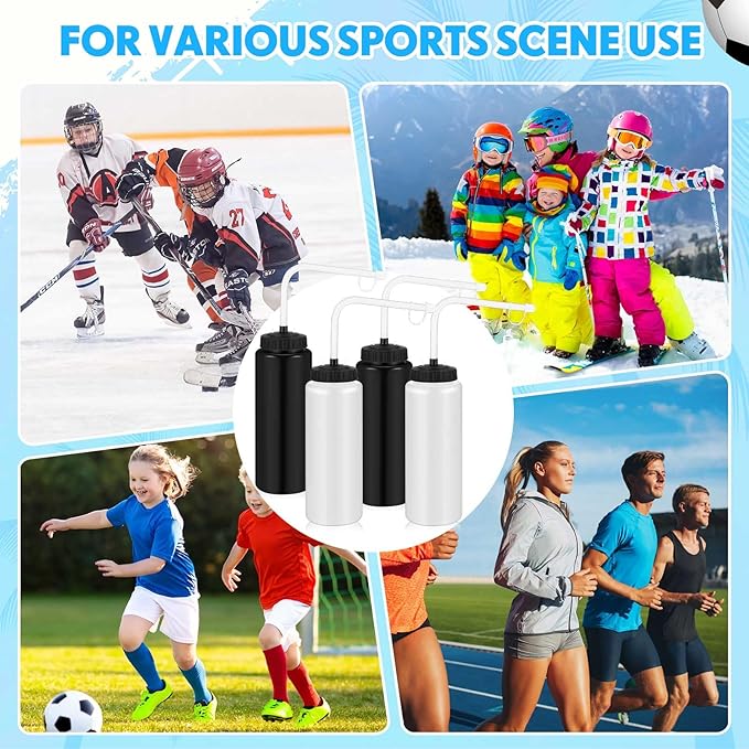 Domensi 4 Pack 1 Liter Sports Water Bottle W/Long Straw Hockey Lacrosse Water Bottle with Straw BPA Free Easy Squeeze Plastic Use W/Sport Helmet in Football Baseball Gym Yoga(Black, Translucent)