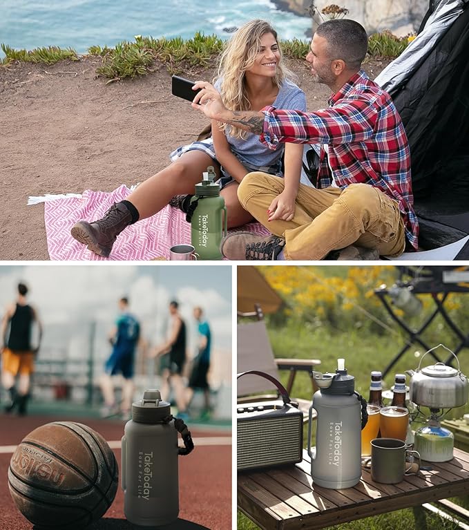 68 oz Collapsible Water Bottles with Straw, Half Gallon Water Bottle with Motivational Time Marker, Large Reusable Silicone Water Jug with Paracord Handle for Sports, Outdoors (Black)