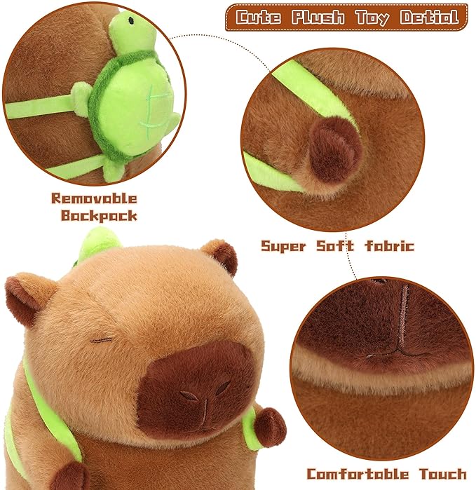 Cute Capybara Plush Toy, 12 INCH Capybara Stuffed Animals Plushies with Removable Turtle Backpack, Soft Capybara Doll Pillow for Kids Boys Girls Birthday Gifts