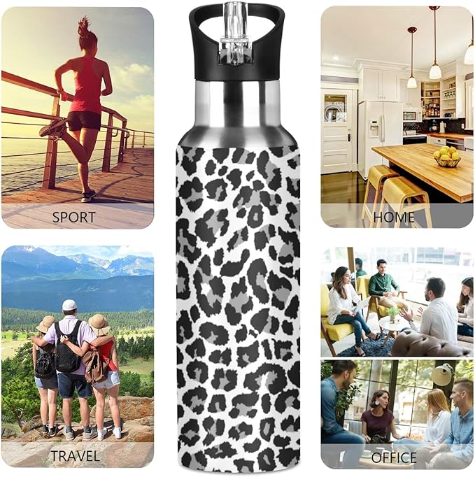 Qilmy Black and White Leopard Water Bottle Vacuum Insulated Stainless Steel Water Bottles with Straw Lid Leakproof Wide Mouth Water Flask for Fitness Outdoor Sports, 20 oz