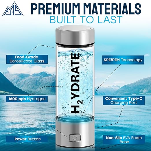 FRS Premium Hydrogen Water Bottle with SPE/PEM Technology. Improve Your Water in 3-Minutes with up to 1680 ppb of Molecular Hydrogen. Portable 420 mL, Stainless Steel, Rechargeable Design.