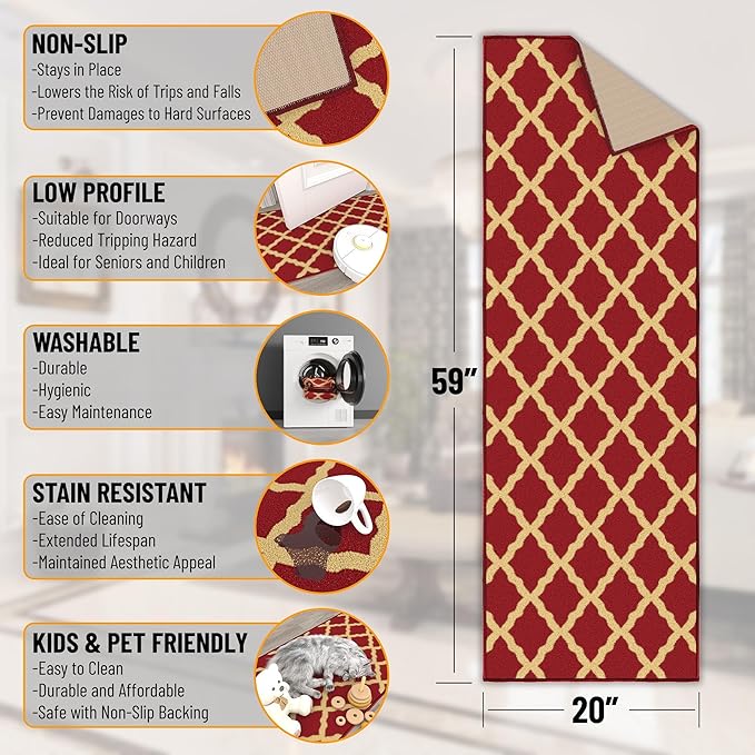 Ottomanson Ottohome Collection Non-Slip Rubberback Elegant Trellis Design 2x5 Indoor Runner Rug, 20" x 59", Red