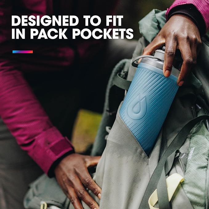 Hydrapak Flux - Collapsible Backpacking Water Bottle (1 Liter) - BPA Free, Ultra Light, Spill-Proof Twist Cap - Mammoth Grey