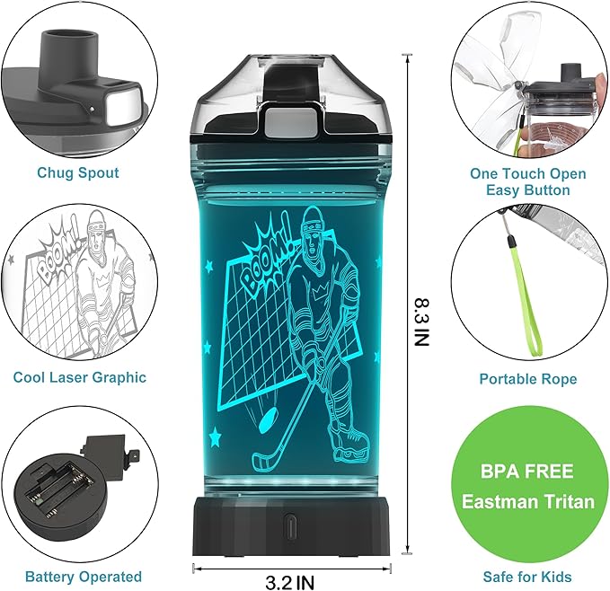Kids Water Bottle with Ice Hockey Player Design 3D Glowing LED Light-Tritan BPA Free,Perfect for Back-to-School Season, Girls, Boys, Kids, Holiday Camping, Picnic Gifts - 14 oz Travel Mug