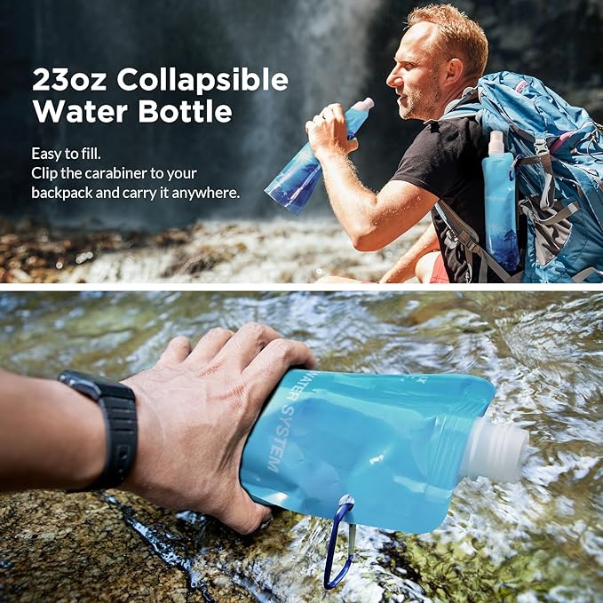 Membrane Solutions 23oz Collapsible Water Bottle for Water Filter Straw, Reusable Water Pouch with Carabiner and Measurement, Foldable Water Container Bag for Hiking Camping Travel Emergency