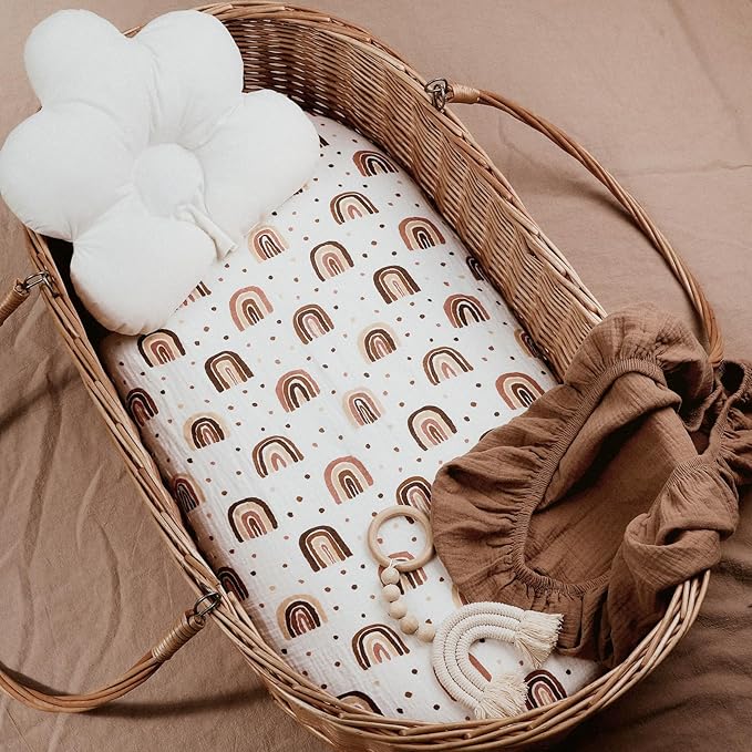 Muslin Bassinet Sheets 2 Pack for Baby Boy and Girl, Breathable Elastic Cozy Fitted Cotton Bassinet Mattress Sheet, Universal Fit for Hourglass Oval and Rectangle Bassinet Mattress (Cute Rainbow)