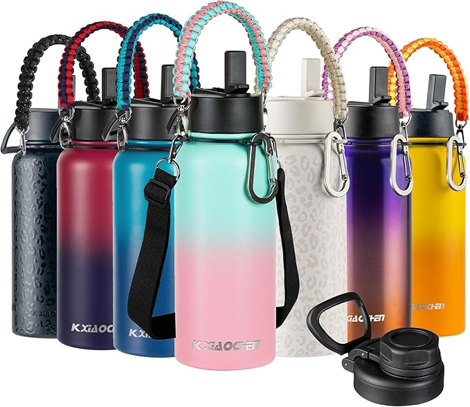 32 oz Insulated Water Bottle with Paracord Handles & Strap, 2 Lids(Straw Lid&Spout Lid), Stainless Steel Reusable Wide Mouth Metal Water Bottle With Straw, Double Walled, Thermo Mug(Rubber Pink)