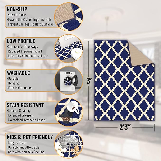Ottomanson Glamour Collection Non-Slip Rubberback Moroccan Trellis Design 2x3 Indoor Area Rug/Entryway Mat, 2'3" x 3', Navy