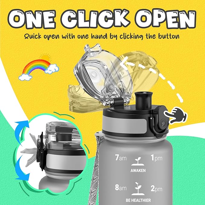 OLDLEY Kids Water Bottle for School, 17 oz (2 lids) BPA-Free Reusable Leak-proof Durable Tritan Plastic Water Bottles with Straw & Chug Lids, Anti-dust Spout Cover (Grey)