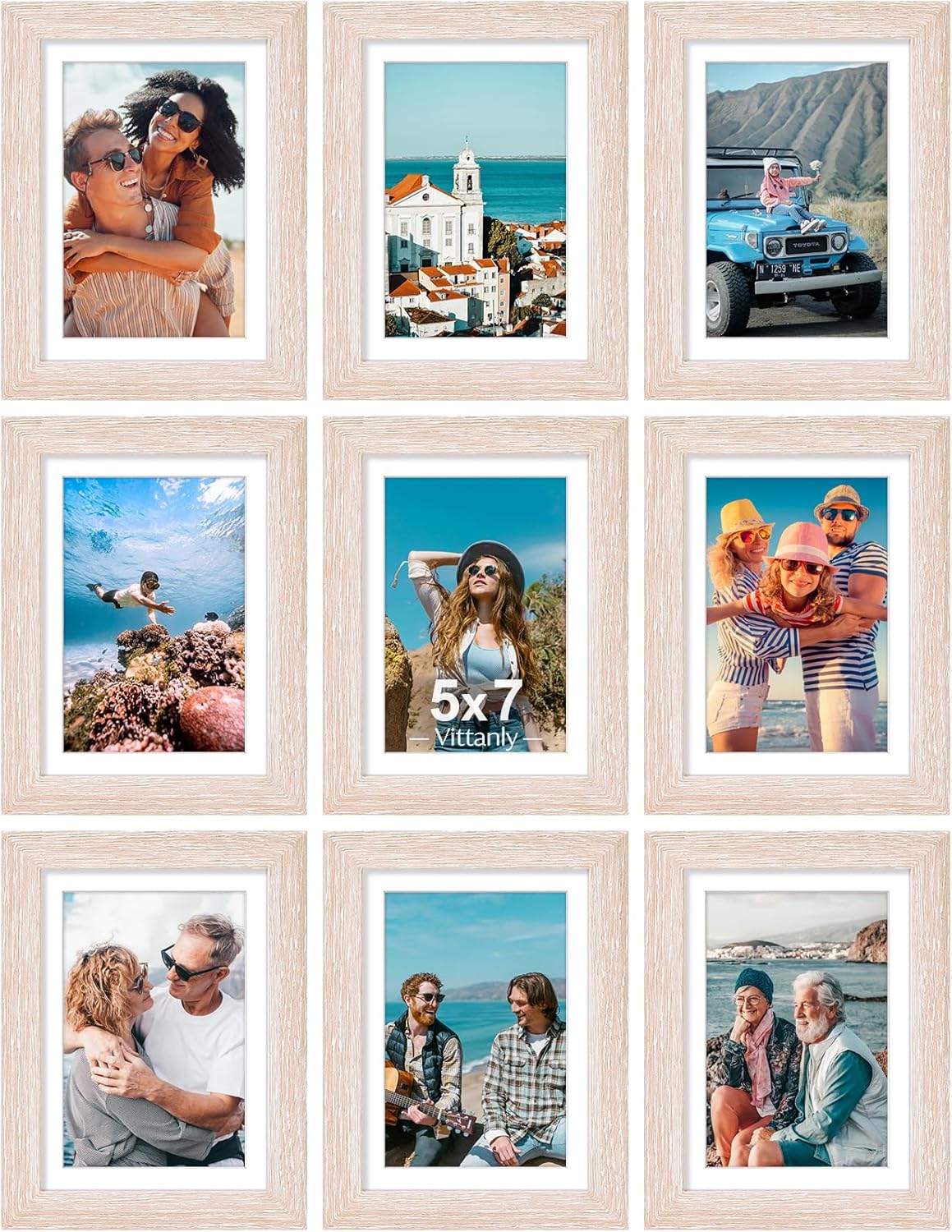Vittanly 5x7 Picture Frames Set of 9, Shatter Resistant Plexiglass, Display 4x6 Pictures with Mat or 5x7 without Mat, Photo Frames for Wall or Tabletop, Engineered Wood, Rustic Pink