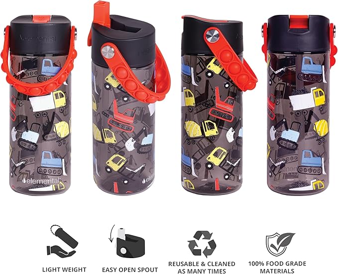 Elemental Leak Proof Water Bottles for Kids - Splash Kids Water Bottle for School with Fun Fidget Pop-it Handle - Tritan Plastic Water Bottle with Straw - Sports Ball & Construction - 18oz (2 Pack)