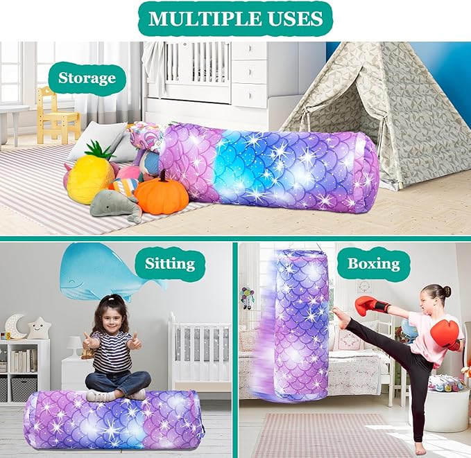 Stuffed Animal Bean Bag Storage Chair for Kids Cover Only (No Filler), Organize, Sit, Play & Boxing, 100% Cotton Canvas Washable, Ultra Soft Cylinder Long Vertical Zipper Best Gift for Child