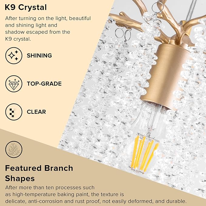 MO&OK Plug in Crystal Chandelier 3 Light with 15Ft Cord Modern Pendant Light for Bedroom Mini Antler Hanging Lamp for Kitchen Island Dinning Bedrooms and Hallway