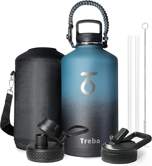 Trebo One Gallon Water Bottle Insulated with Paracord Handle,128oz Stainless Steel Sports Large Jug,Food-grade Double Wall Vacuum with Straw Spout Handle Lids, Leakproof Keep Cold & Hot, Indigo Black
