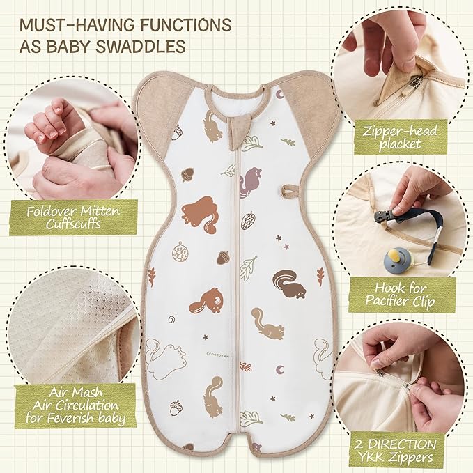 Swaddle, Cool Air Mesh, Infant Transition Safe Sleep Sack for Baby Girl & Boy, 100% Organic Cotton Blanket (Large 6-12 Months 19-26lbs 28 Inches Chipmunk)