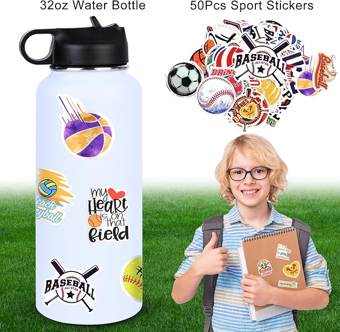 Sport Water Bottle,304 Stainless Steel Double Insulated Water Bottle with 50 Sports Themed Stickers and Lid Straw(32OZ)