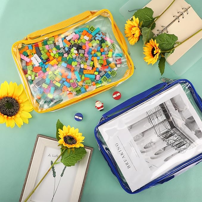 Sanwuta 3 Packs Toy Storage Bags with Zipper, Clear PVC Organizing Bags, Waterproof Toy Bags for Board Games, Building Blocks, Toys and Kids Books (Red, Blue, Yellow,10.24 x 7.09 x 2.36 Inch)