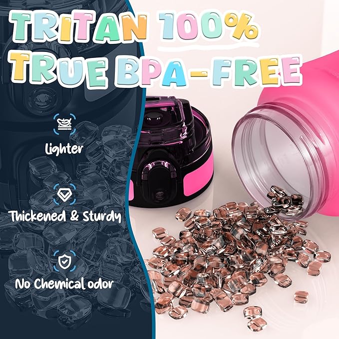 OLDLEY Kids Water Bottle for School, 12 oz (2 lids) BPA-Free Reusable Leak-proof Durable Tritan Plastic Water Bottles with Straw & Chug Lids, Anti-dust Spout Cover (Rose red)