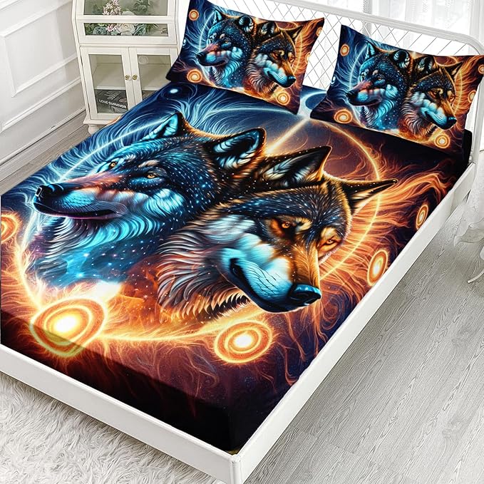 AILONEN Boys Wolf Fitted Sheet Set Full Wolf Bed Sheet Set, Wildlife Animal Theme Fitted Sheet with 2 Pillowcases,3 Pieces Ice and Fire Light Wolves Print Fitted Sheet Set