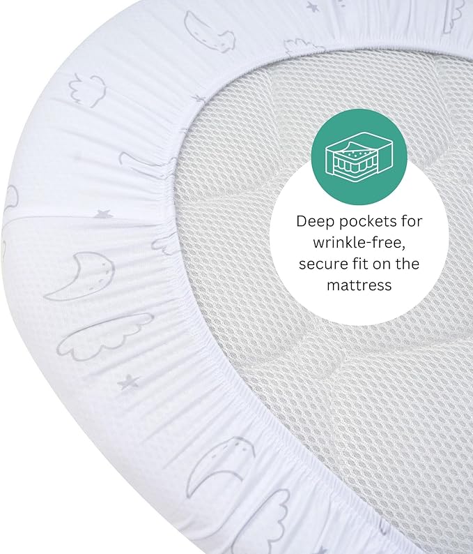 TansyPanda Bassinet Sheets for Cloud Baby, Yacul, Dream On Me Traveler, Skylar, BabyBond, Simmons, 3 PC, 33x20 in, Ultra Soft, Breathable Snug Fit, Unisex Boys Girls, Gray White (Moon, Stars, Clouds)