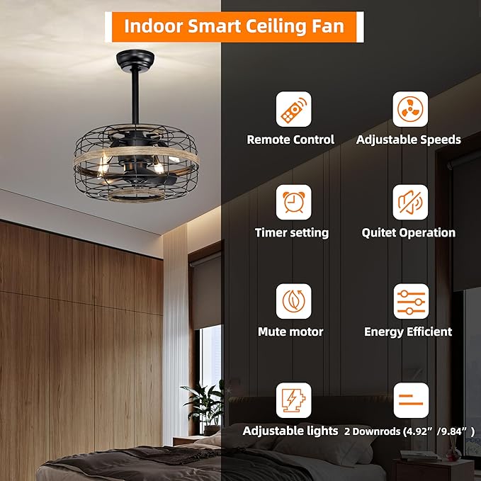 NicBex Ceiling Fan 18 Inch Indoor Industrial Ceiling Fan with Lights Ceiling Fans with 5 Blades and Remote Control Caged Ceiling Fan for Bedroom, Living Room, Matte Black