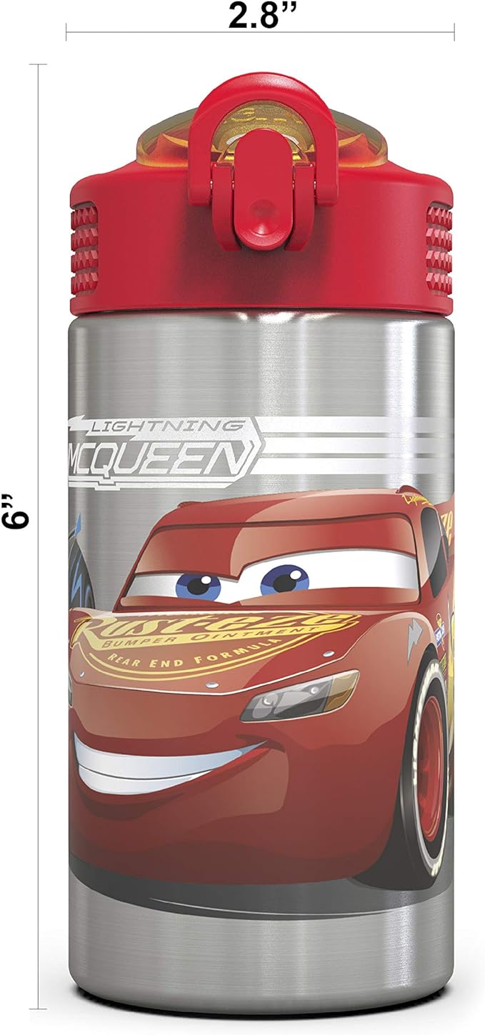 Zak Designs Disney Cars 3 - Stainless Steel Water Bottle with One Hand Operation Action Lid and Built-in Carrying Loop, Kids Water Bottle with Straw Spout is Perfect for Kids (15.5 oz, 18/8, BPA-Free)