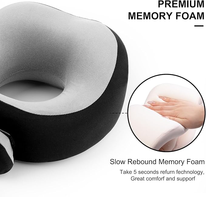 Travel Pillow, 360° Wrapped Travel Neck Pillow, 100% Pure Memory Foam Neck Pillow, Airplane Neck Pillows, Perfect Support, Soft and Breathable Pillows, Travel Accessories with Portable Bag