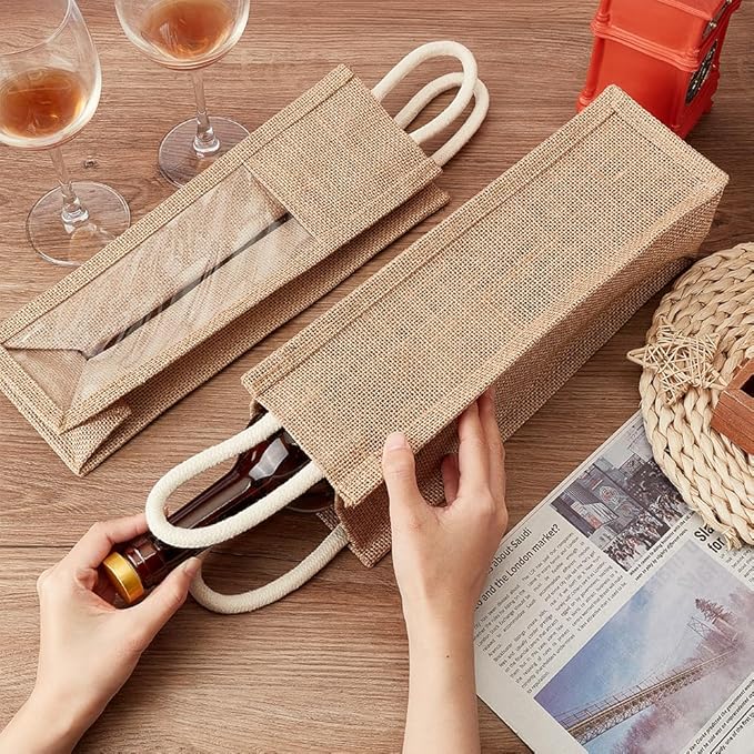BENECREAT 2 Pack Burlap Wine Bottle Bags, Jute Wine Tote Gift Bag with Clear Window and Handle for Wedding Birthday Festivals Souvenir Packaging Wine Gift Packaging (Single Bottles)