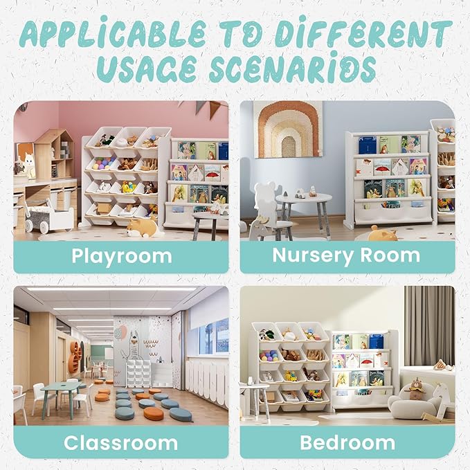 Kids Toy Storage Organizer - Toy Organizer with Kids Bookshelf, Toy Storage with 12 White Toy Bins and 4 Book Shelves, Toy Organizers and Storage for Playroom, Nursery, Kids Room, White