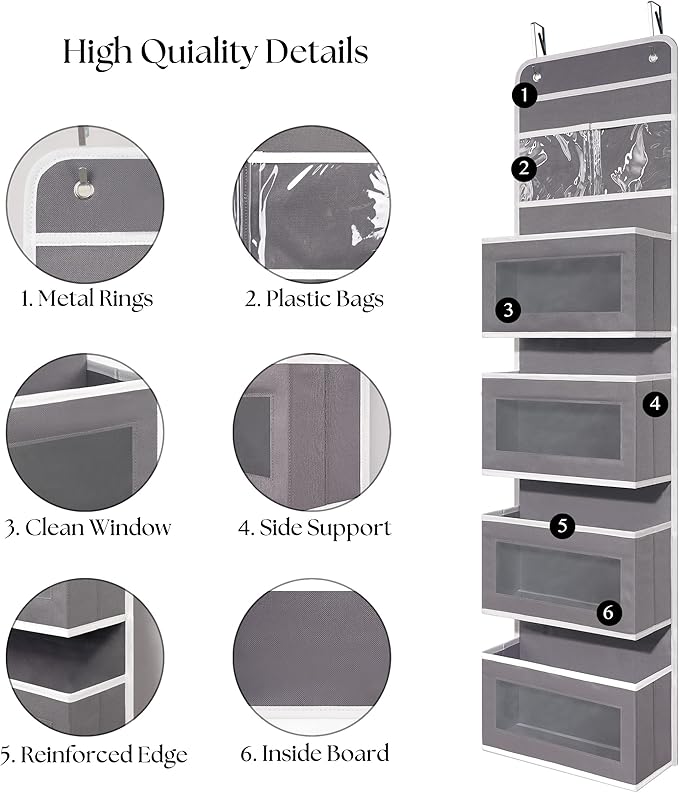 Heavy Duty Over Door Organizer, Wall Mount Hanging Organizer Storage with 4 Large Capacity Pockets, Closet Bathroom Nursery Bedroom Dorm, Toys Cosmetics Sundries and Baby Essentials, Gray