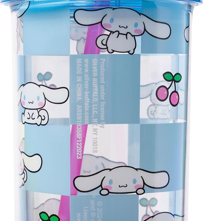 Silver Buffalo Sanrio Hello Kitty and Friends Cinnamoroll Cherry Blue Checkered Plastic Cold Cup with Lid and Straw, 20 Ounces
